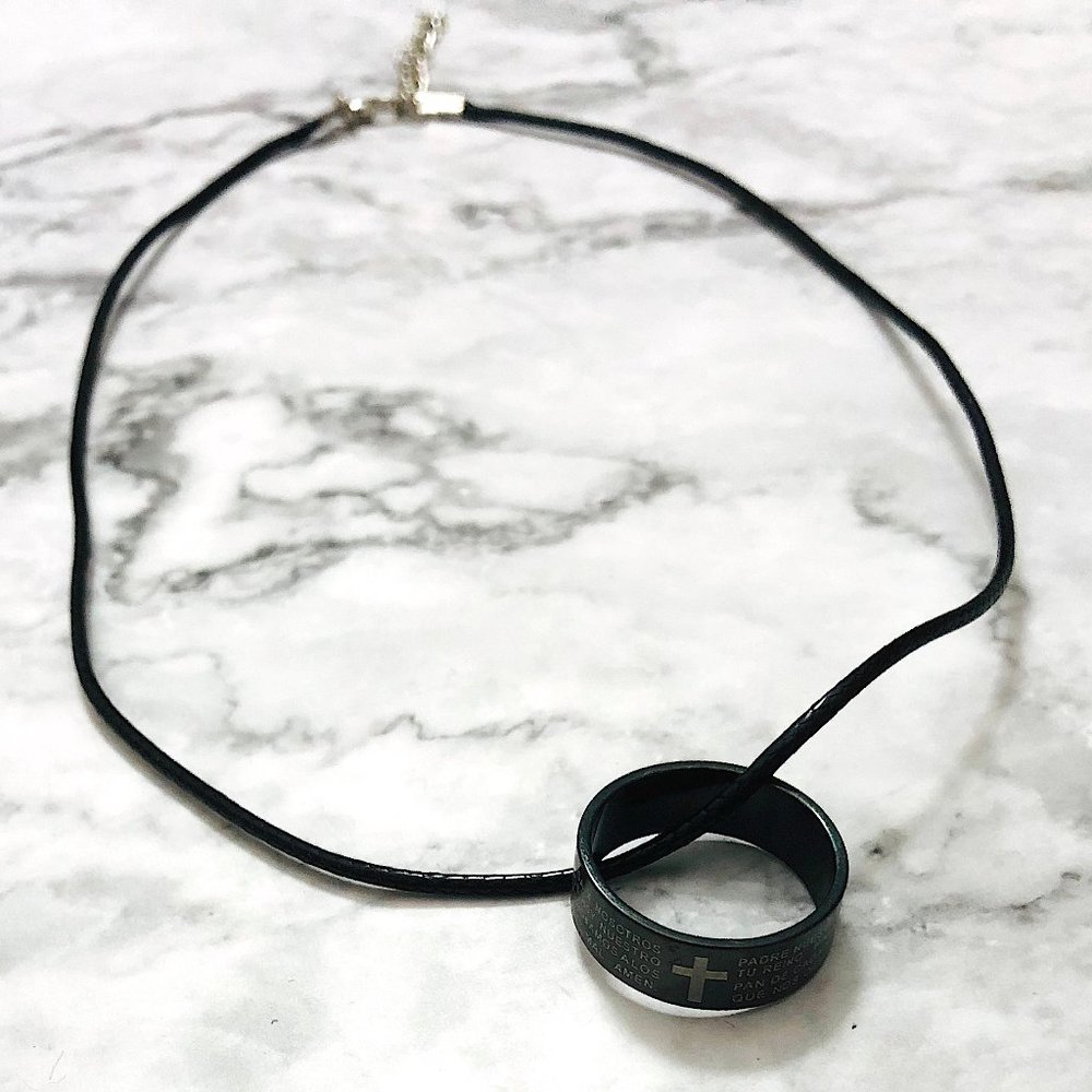 New! Black Titanium Steel Cross Ring Necklace